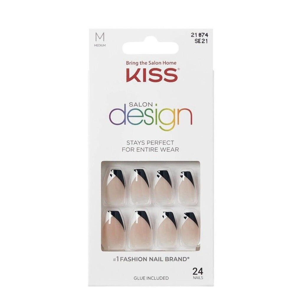 Kiss Salon Design Press-On Nails Medium French Nude Black Tip Heart Design